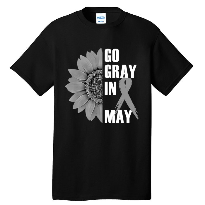 Go Gray In May Brain Cancer Awareness Grey Ribbon Sunflower Tall T-Shirt