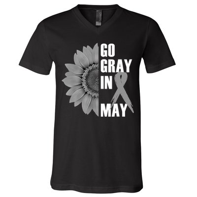 Go Gray In May Brain Cancer Awareness Grey Ribbon Sunflower V-Neck T-Shirt