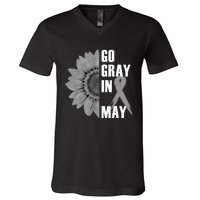 Go Gray In May Brain Cancer Awareness Grey Ribbon Sunflower V-Neck T-Shirt