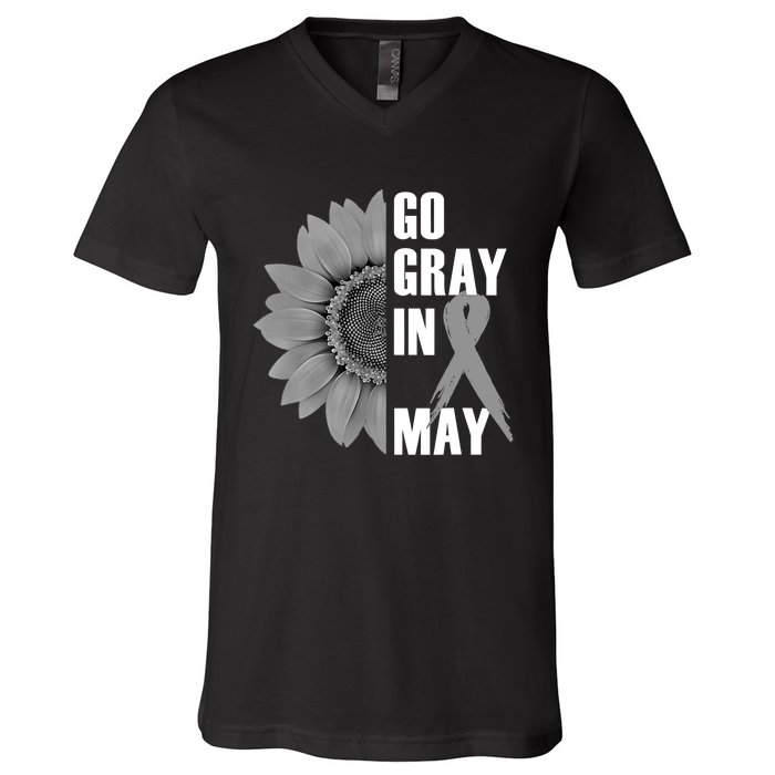 Go Gray In May Brain Cancer Awareness Grey Ribbon Sunflower V-Neck T-Shirt