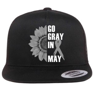 Go Gray In May Brain Cancer Awareness Grey Ribbon Sunflower Flat Bill Trucker Hat