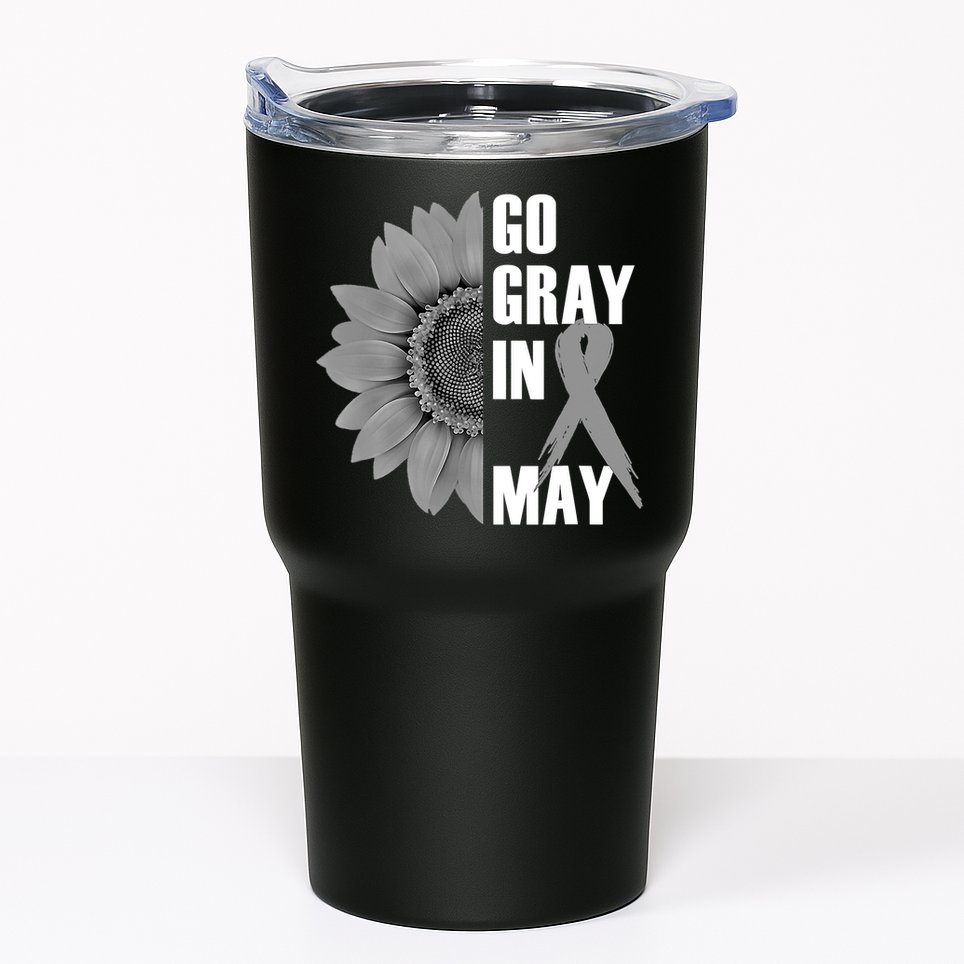 Go Gray In May Brain Cancer Awareness Grey Ribbon Sunflower Tumbler