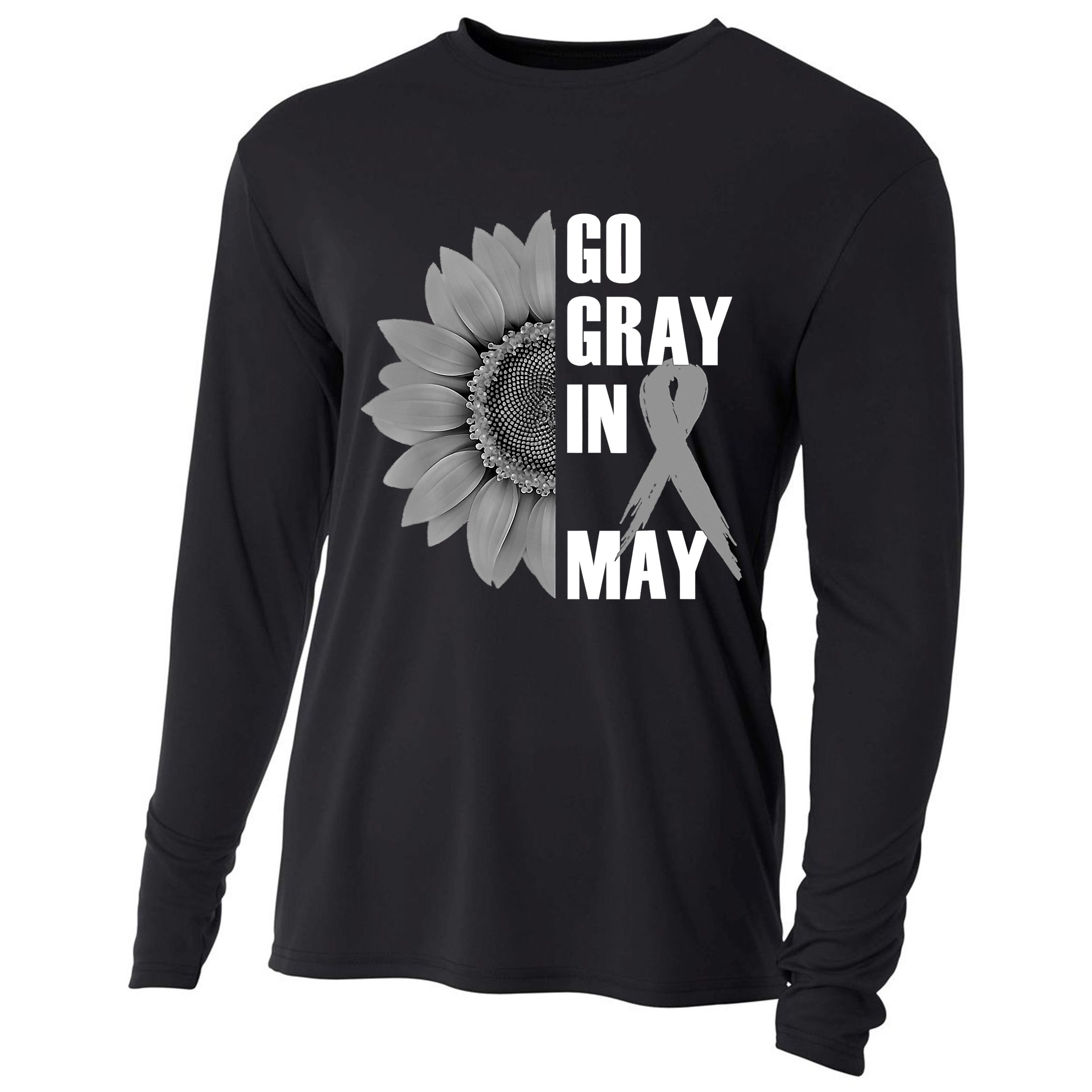 Go Gray In May Brain Cancer Awareness Grey Ribbon Sunflower Cooling Performance Long Sleeve Crew