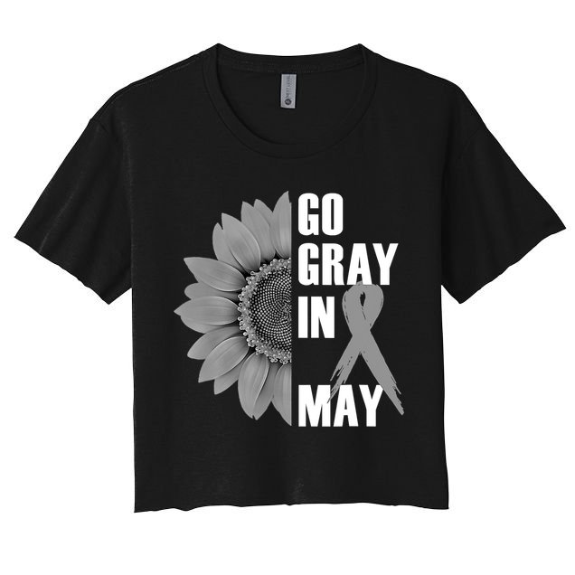 Go Gray In May Brain Cancer Awareness Grey Ribbon Sunflower Crop Top