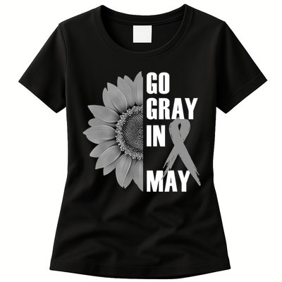 Go Gray In May Brain Cancer Awareness Grey Ribbon Sunflower Womens T-Shirt