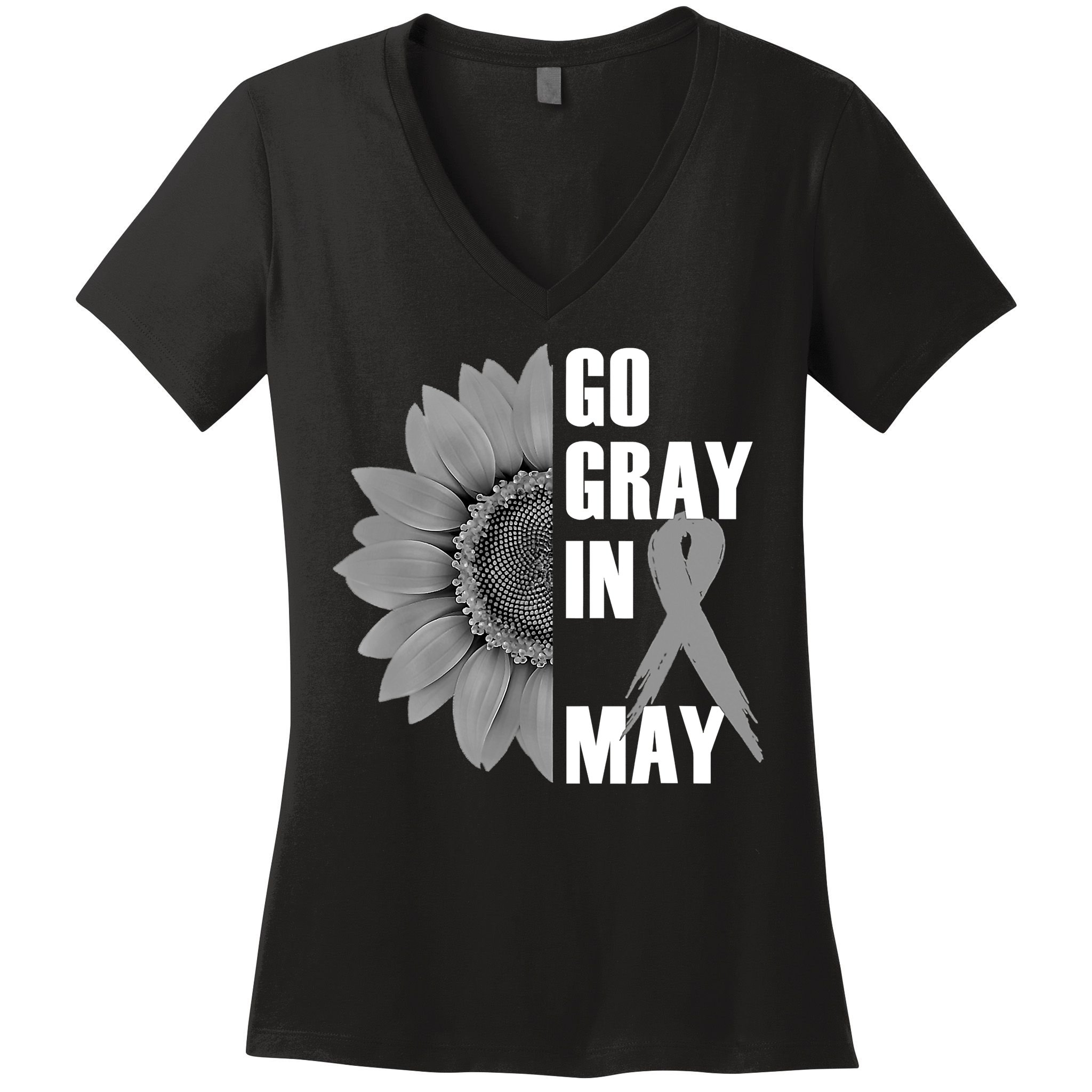 Go Gray In May Brain Cancer Awareness Grey Ribbon Sunflower Women's V-Neck T-Shirt