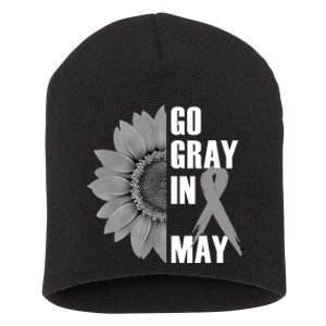 Go Gray In May Brain Cancer Awareness Grey Ribbon Sunflower Short Acrylic Beanie