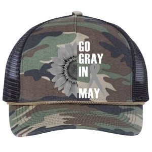 Go Gray In May Brain Cancer Awareness Grey Ribbon Sunflower Retro Rope Trucker Hat Cap