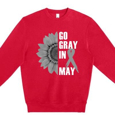 Go Gray In May Brain Cancer Awareness Grey Ribbon Sunflower Premium Crewneck Sweatshirt