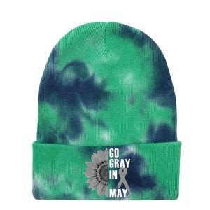 Go Gray In May Brain Cancer Awareness Grey Ribbon Sunflower Tie Dye 12in Knit Beanie