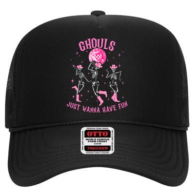 Girl Ghouls Just Wanna Have Fun Disco Party Dancing Skeleton High Crown Mesh Back Trucker Hat