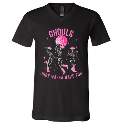 Girl Ghouls Just Wanna Have Fun Disco Party Dancing Skeleton V-Neck T-Shirt