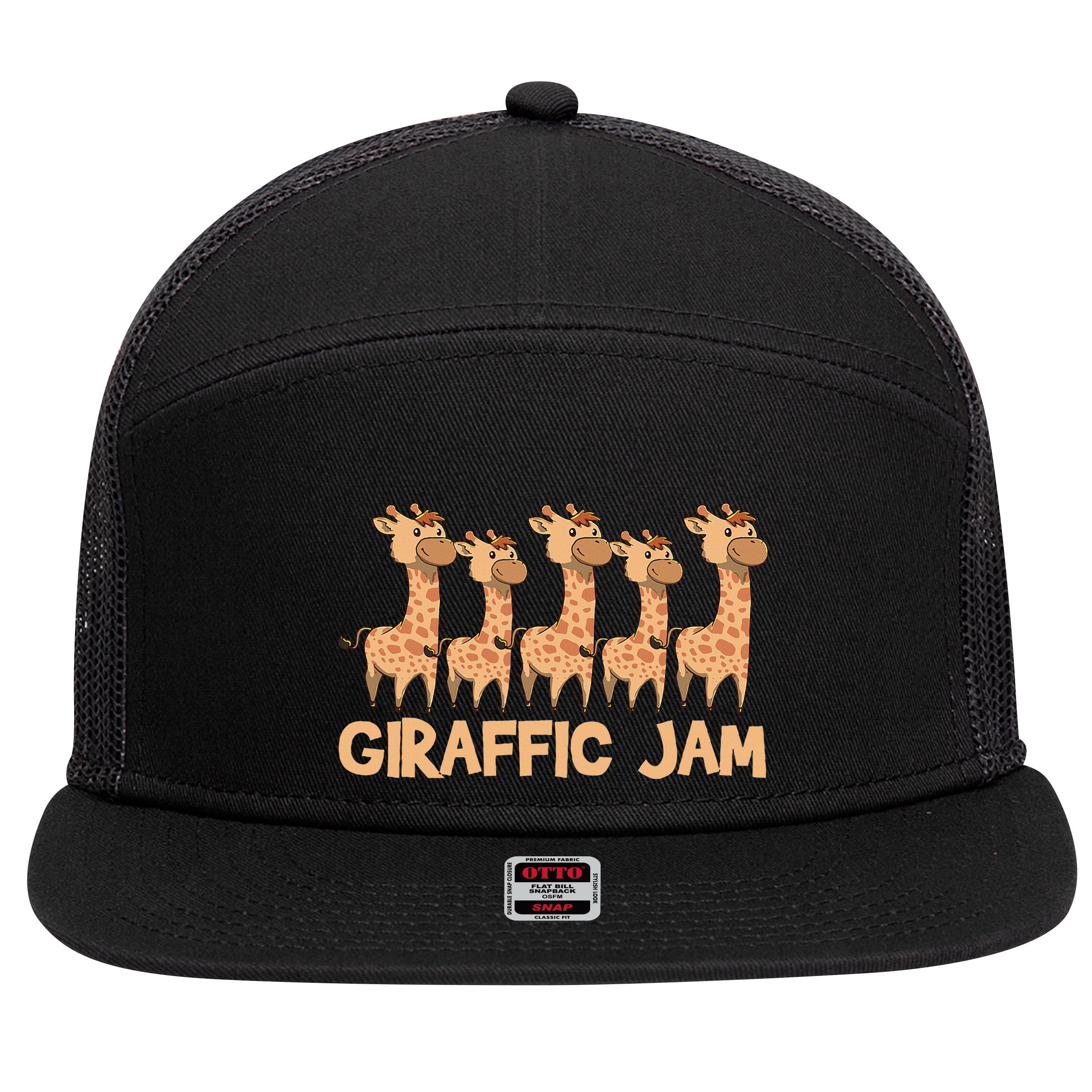 Giraffe Giraffic Jam Funny Pun Cute 7 Panel Mesh Trucker Snapback Hat