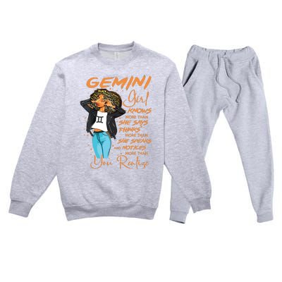 Gemini Girl Knows More Than She Says For Black Women Premium Crewneck Sweatsuit Set