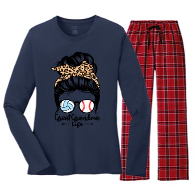 Great Grandma Life Messy Bun Hair Funny Baseball Volleyball Cool Gift Women's Long Sleeve Flannel Pajama Set 