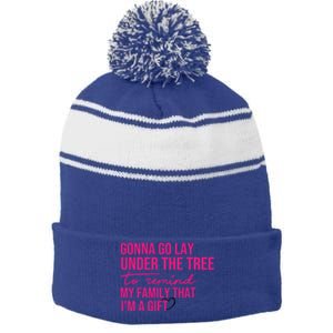 Gonna Go Lay Under The Tree To Remind My Family Christmas Funny Gift Stripe Pom Pom Beanie