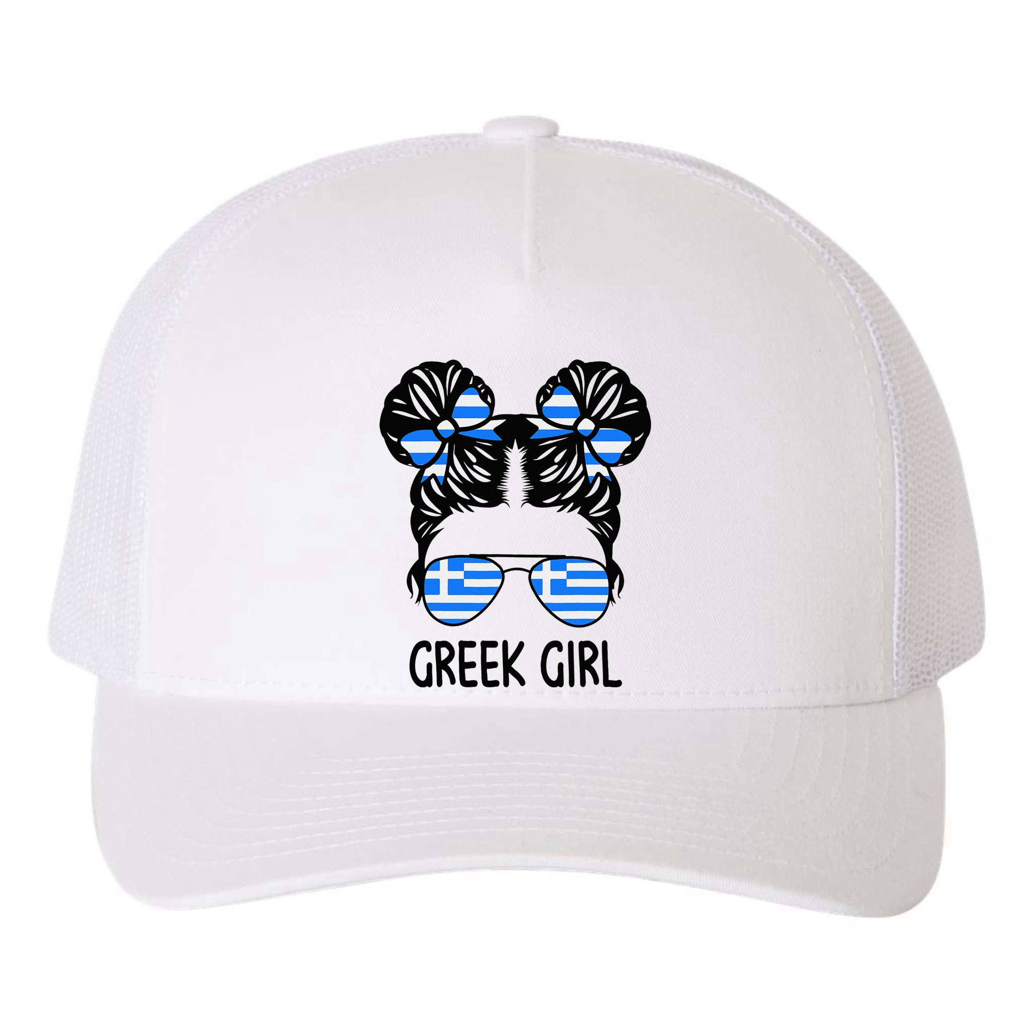 Greek Girl Messy Hair Greece Pride Patriotic Yupoong Adult 5-Panel Trucker Hat