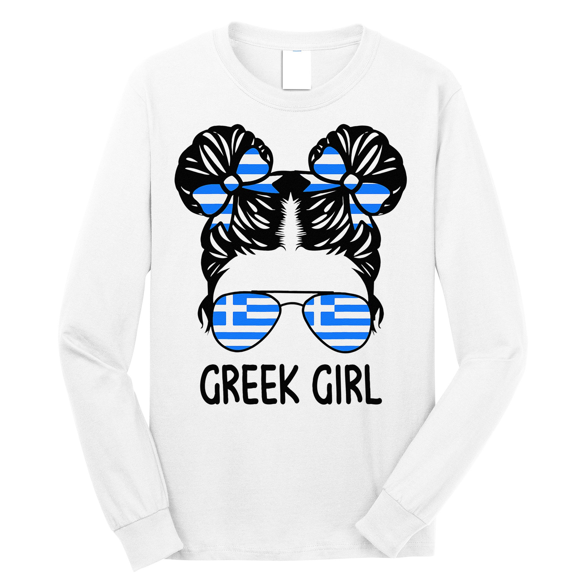 Greek Girl Messy Hair Greece Pride Patriotic Long Sleeve Shirt