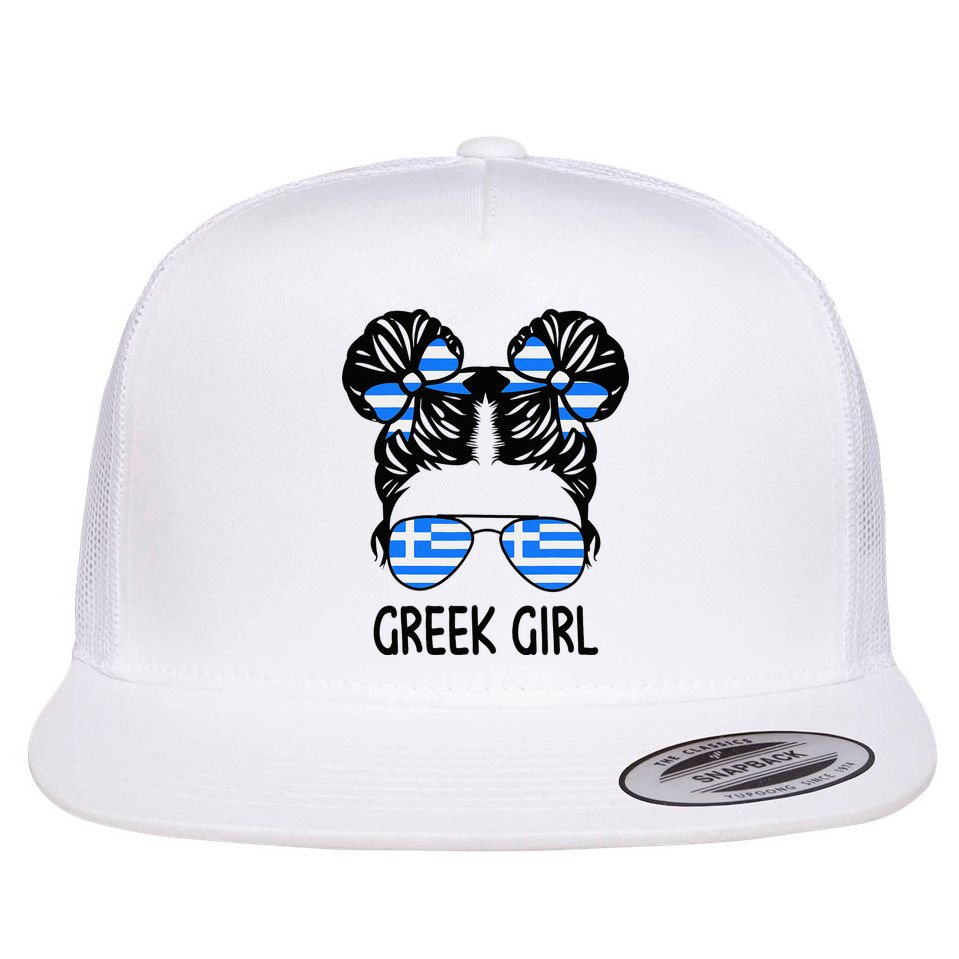 Greek Girl Messy Hair Greece Pride Patriotic Flat Bill Trucker Hat