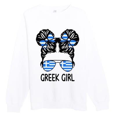 Greek Girl Messy Hair Greece Pride Patriotic Premium Crewneck Sweatshirt