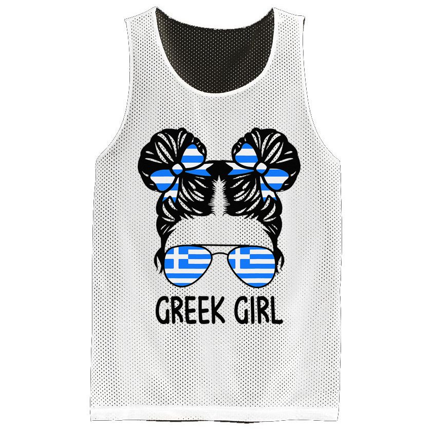 Greek Girl Messy Hair Greece Pride Patriotic Mesh Reversible Basketball Jersey Tank