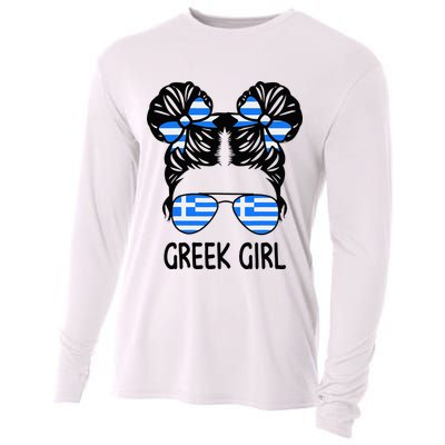 Greek Girl Messy Hair Greece Pride Patriotic Cooling Performance Long Sleeve Crew