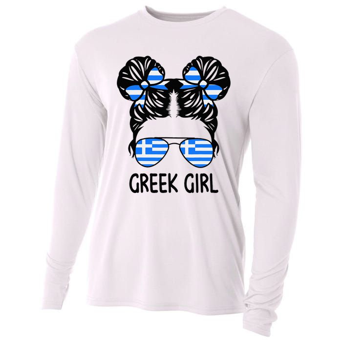 Greek Girl Messy Hair Greece Pride Patriotic Cooling Performance Long Sleeve Crew