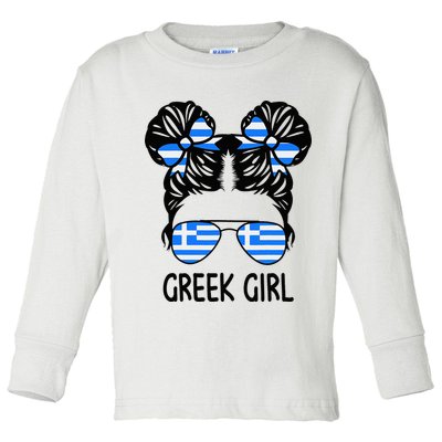 Greek Girl Messy Hair Greece Pride Patriotic Toddler Long Sleeve Shirt