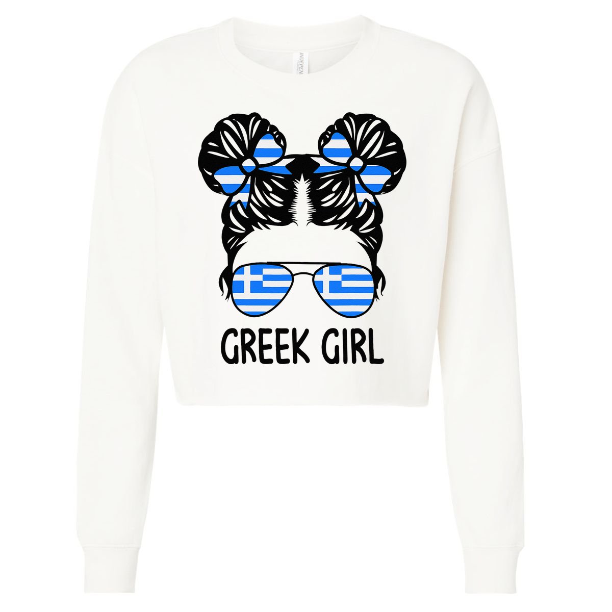 Greek Girl Messy Hair Greece Pride Patriotic Cropped Pullover Crew