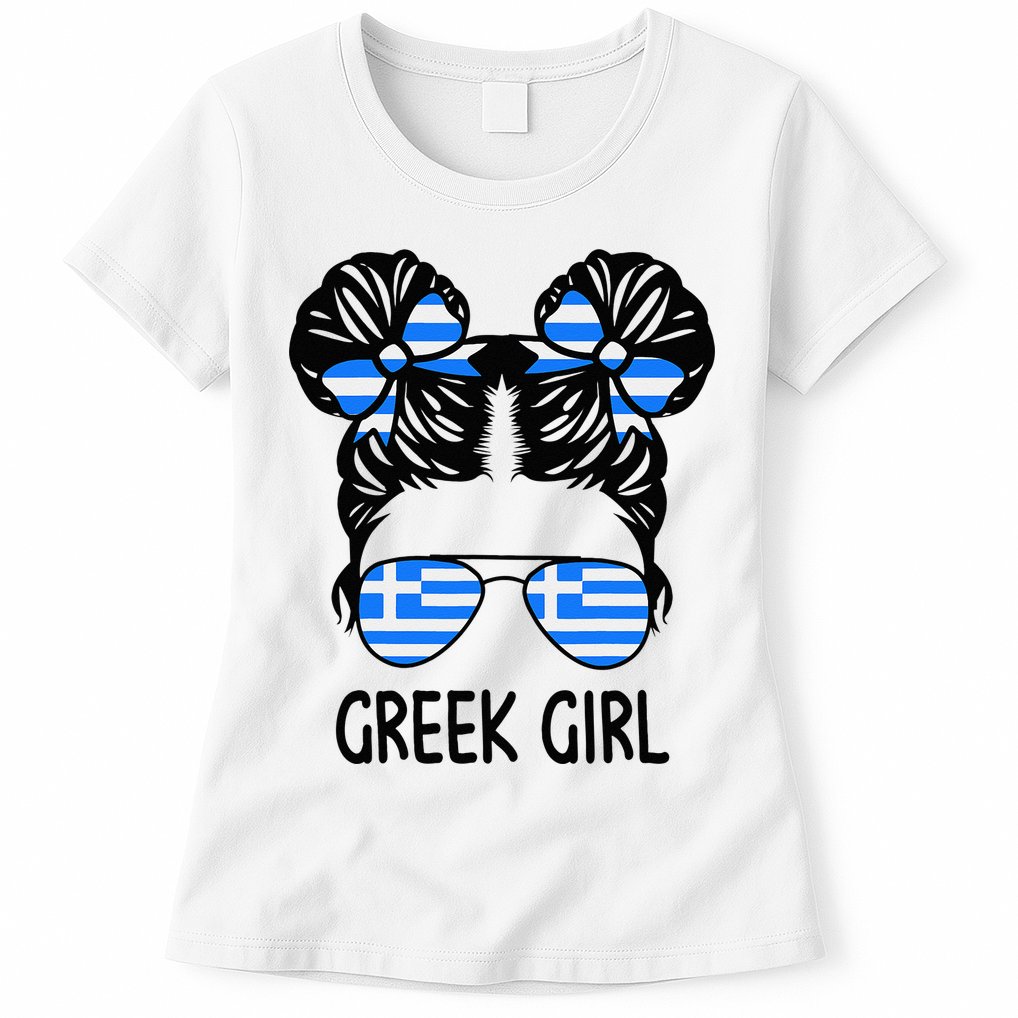 Greek Girl Messy Hair Greece Pride Patriotic Womens T-Shirt