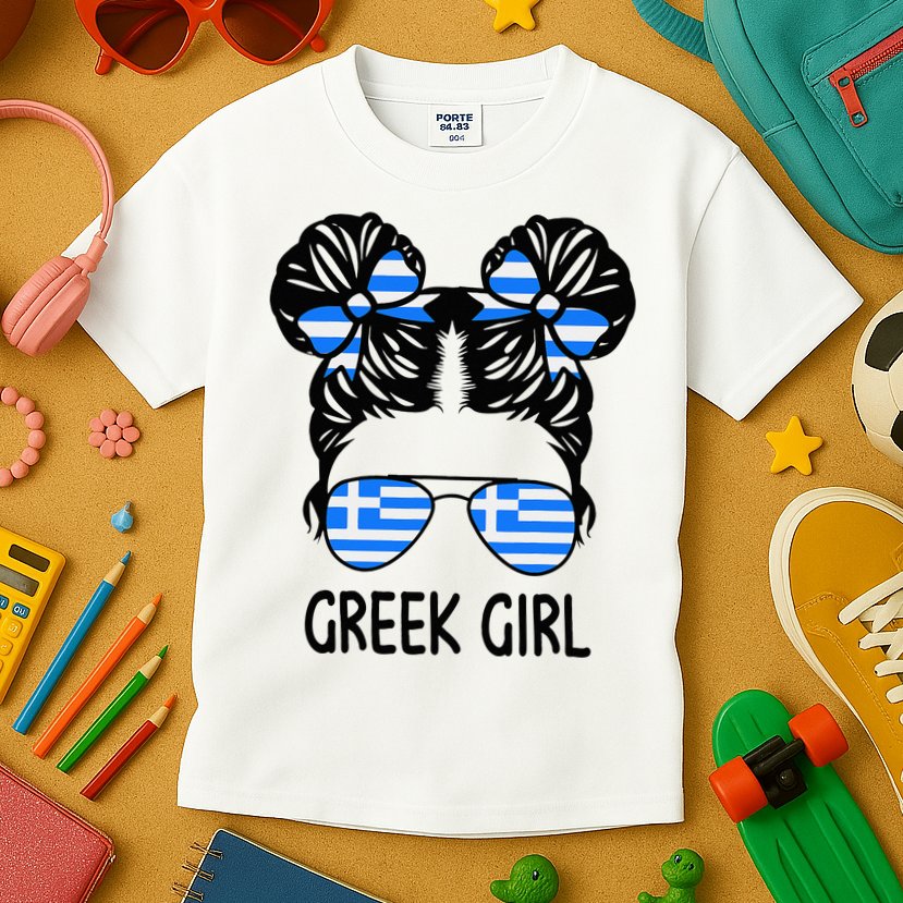 Greek Girl Messy Hair Greece Pride Patriotic Kids T-Shirt