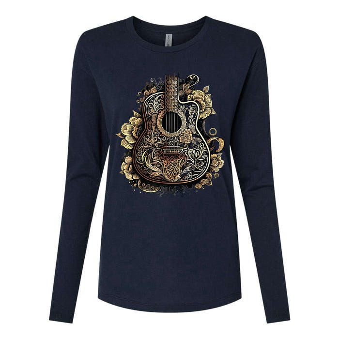 Guitar Graphic Music Lover Acoustic Guitar Musician Floral Womens Cotton Relaxed Long Sleeve T-Shirt