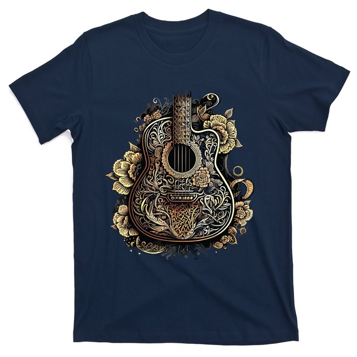 Guitar Graphic Music Lover Acoustic Guitar Musician Floral T-Shirt