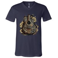 Guitar Graphic Music Lover Acoustic Guitar Musician Floral V-Neck T-Shirt