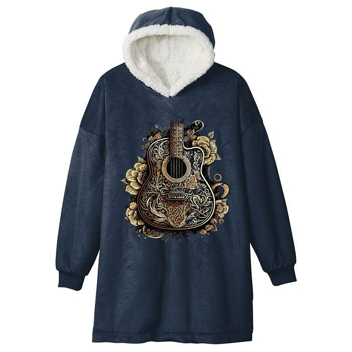 Guitar Graphic Music Lover Acoustic Guitar Musician Floral Hooded Wearable Blanket