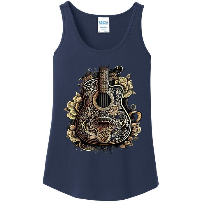 Guitar Graphic Music Lover Acoustic Guitar Musician Floral Ladies Essential Tank