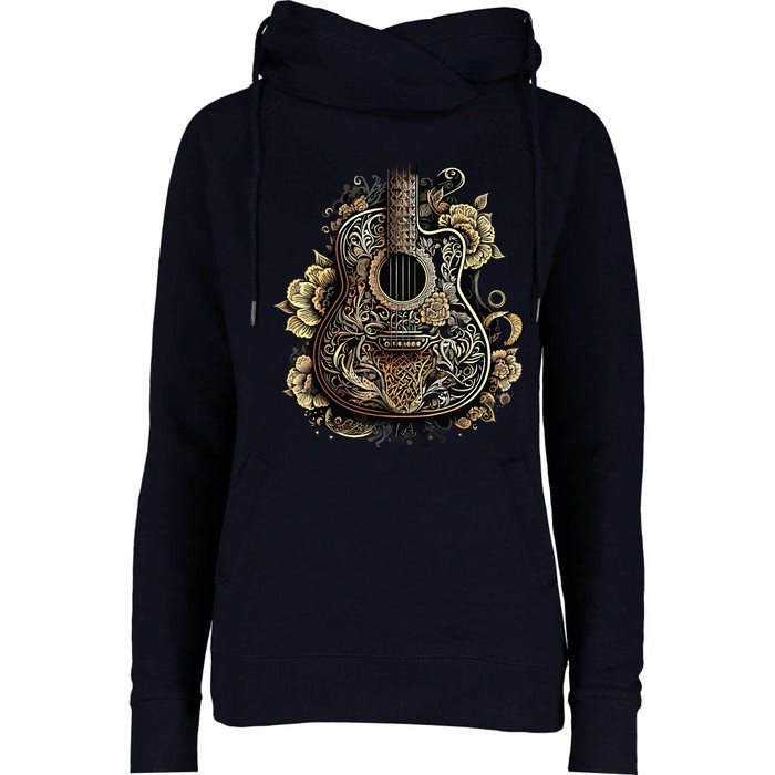 Guitar Graphic Music Lover Acoustic Guitar Musician Floral Womens Funnel Neck Pullover Hood