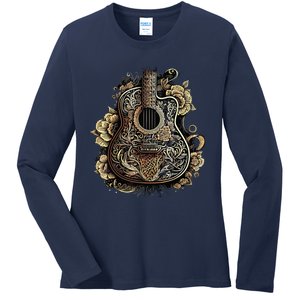 Guitar Graphic Music Lover Acoustic Guitar Musician Floral Ladies Long Sleeve Shirt