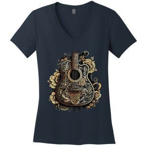 Guitar Graphic Music Lover Acoustic Guitar Musician Floral Women's V-Neck T-Shirt