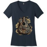 Guitar Graphic Music Lover Acoustic Guitar Musician Floral Women's V-Neck T-Shirt