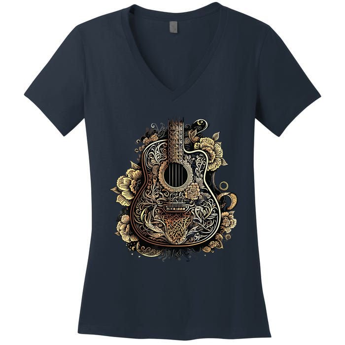 Guitar Graphic Music Lover Acoustic Guitar Musician Floral Women's V-Neck T-Shirt