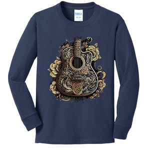 Guitar Graphic Music Lover Acoustic Guitar Musician Floral Kids Long Sleeve Shirt