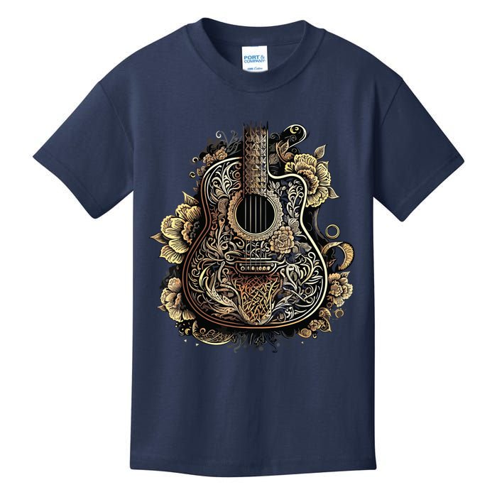 Guitar Graphic Music Lover Acoustic Guitar Musician Floral Kids T-Shirt