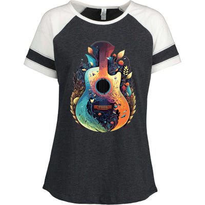 Guitar Graphic Music Lover Acoustic Guitar Musician Floral Enza Ladies Jersey Colorblock Tee