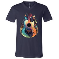 Guitar Graphic Music Lover Acoustic Guitar Musician Floral V-Neck T-Shirt