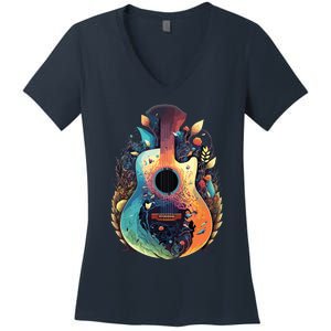 Guitar Graphic Music Lover Acoustic Guitar Musician Floral Women's V-Neck T-Shirt