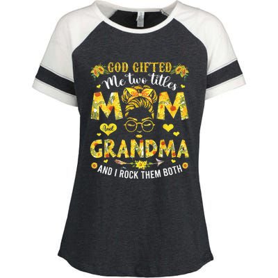 God Gifted Me Two Titles Mom And Grandma Flower Mother's Day Enza Ladies Jersey Colorblock Tee