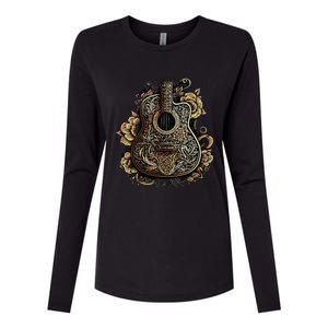 Guitar Graphic Music Lover Acoustic Guitar Musician Floral Womens Cotton Relaxed Long Sleeve T-Shirt