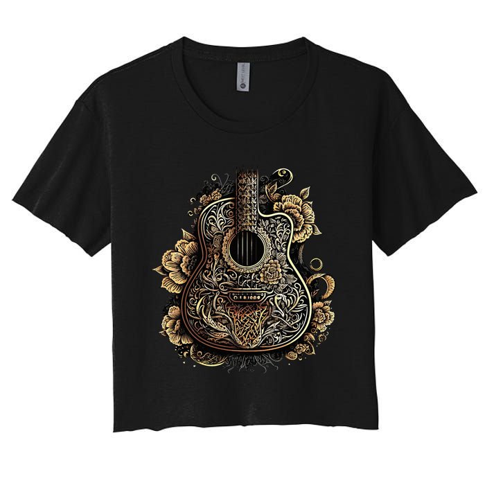 Guitar Graphic Music Lover Acoustic Guitar Musician Floral Women's Crop Top Tee