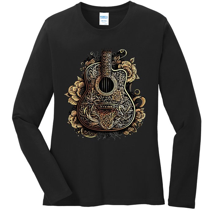 Guitar Graphic Music Lover Acoustic Guitar Musician Floral Ladies Long Sleeve Shirt